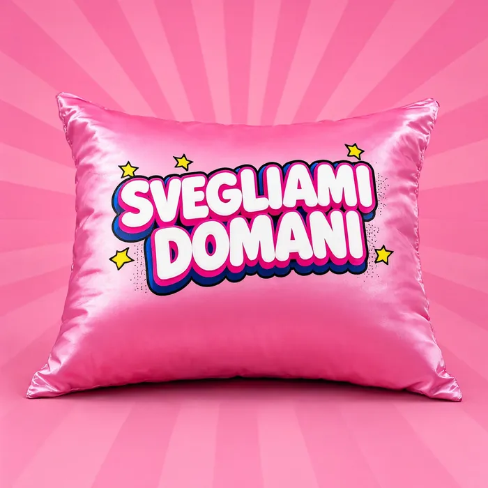 Federa di raso rosa con scritta Svegliami domani