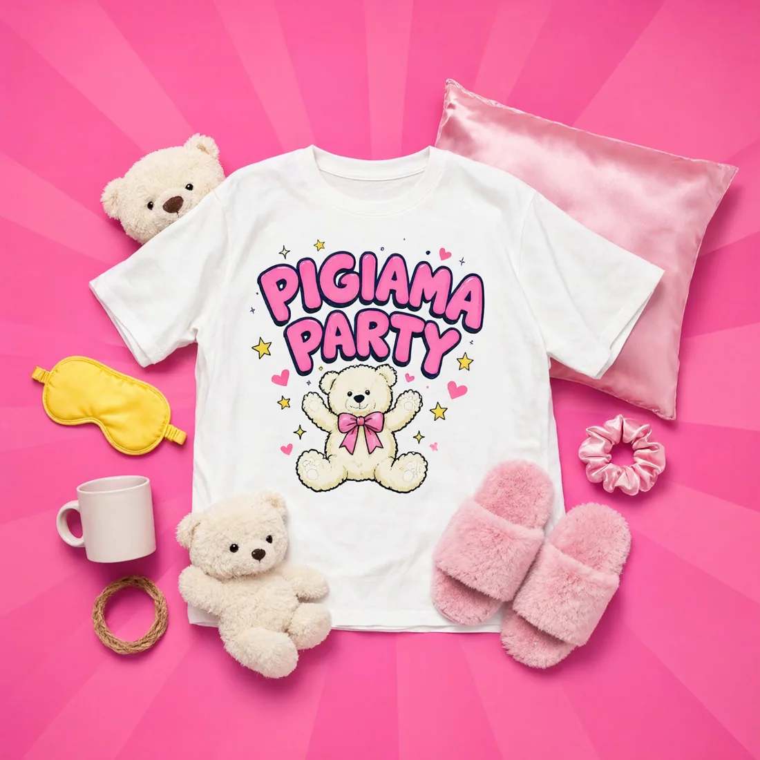 Kit Pigiama Party: t-shirt, orsetti, federa, mascherina e ciabatte