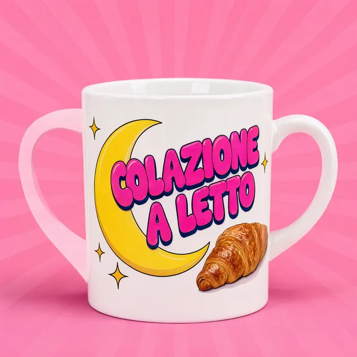 Tazza con luna, cornetto e scritta Colazione a letto